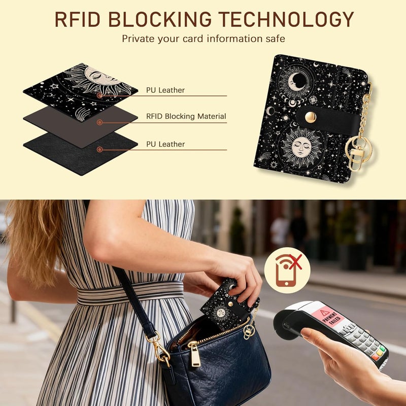 Jogjam Sun and Moon Rfid Women Wallet, Small Slim Thin Credit Card Wallet, PU Leather Bifold Cash Zipper Coin Pocket ID Window for Female Ladies Teen Girls Girly - Image 3